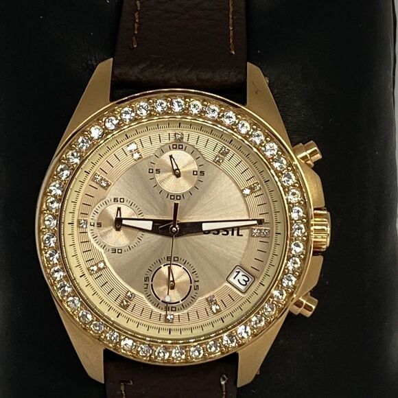 Fossil Decker ES3352 Women's Brown Leather Analog Gold Dial Quartz Watch RK411 - Picture 2 of 12